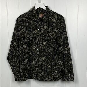 La Cabana Womens Blouse L Olive Green Paisley Print Button Down Spread Collar